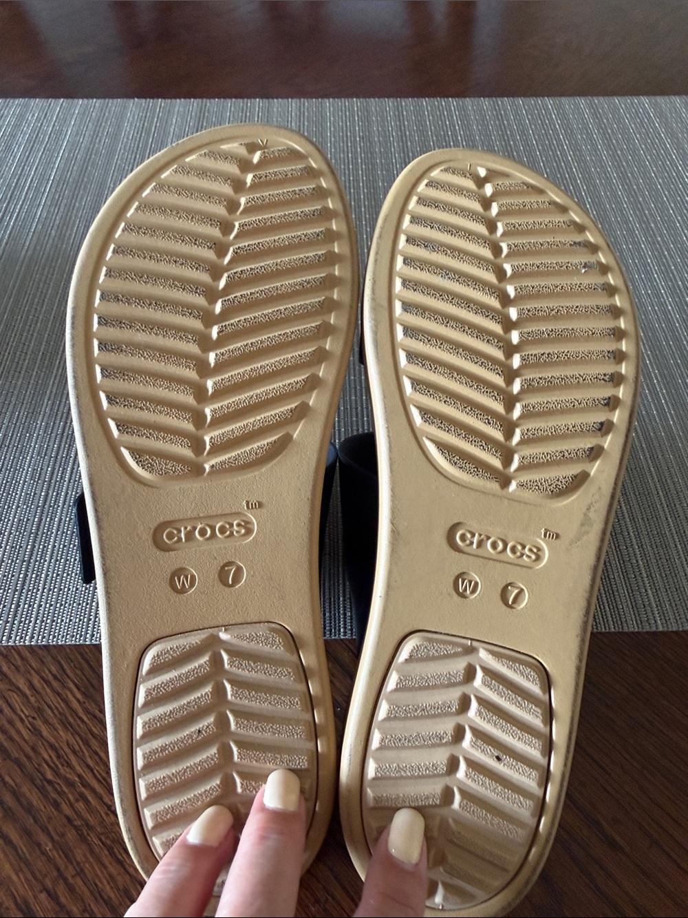 Crocs Black Two-Strap Slide Sandals with Tan Footbed - Picture 4 of 4